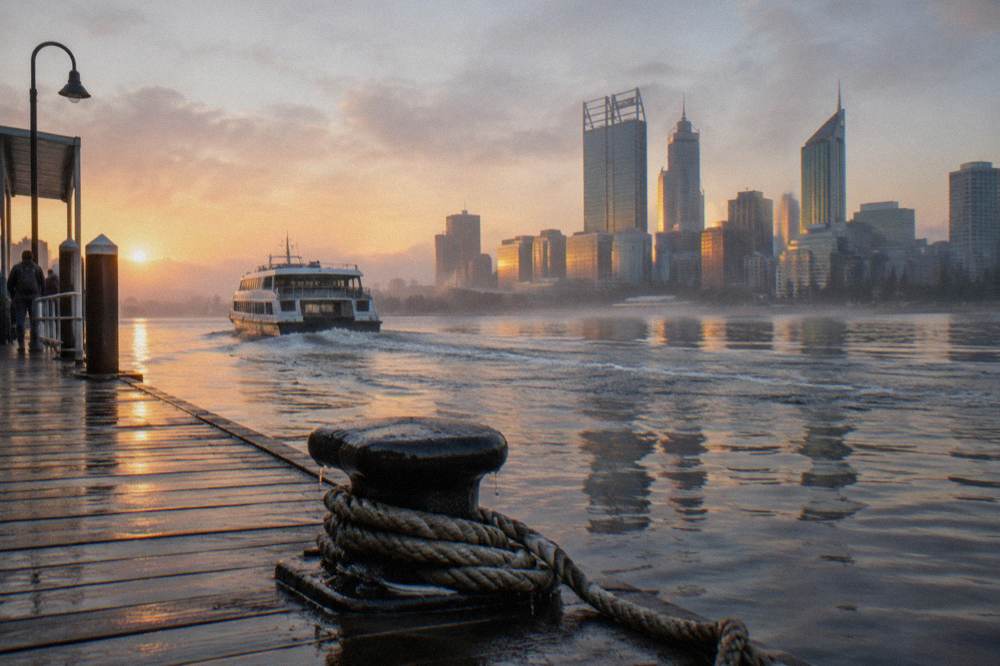 Passenger ferry pulling away from a city jetty at sunrise with the skyline behind