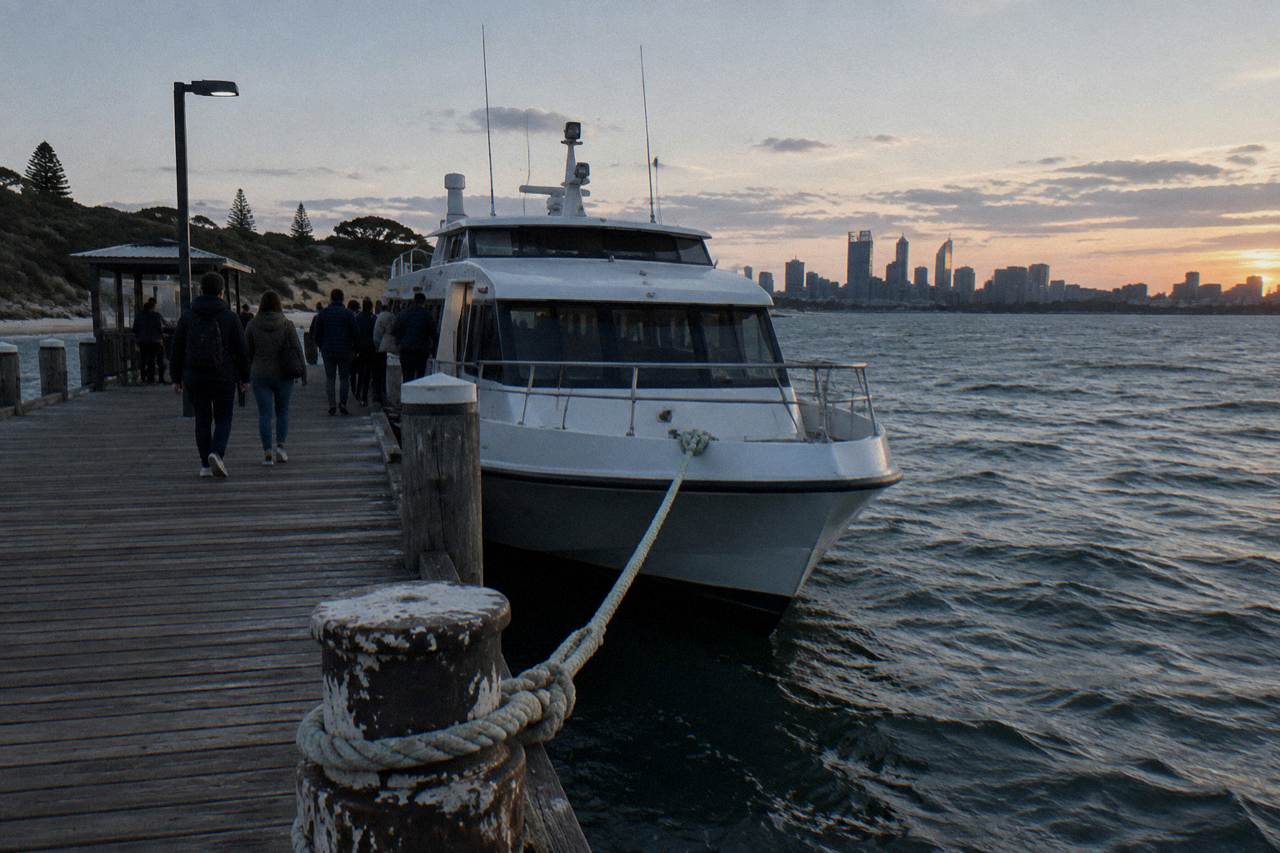 Ferry berthed at a jetty with passengers boarding for a crossing to an island