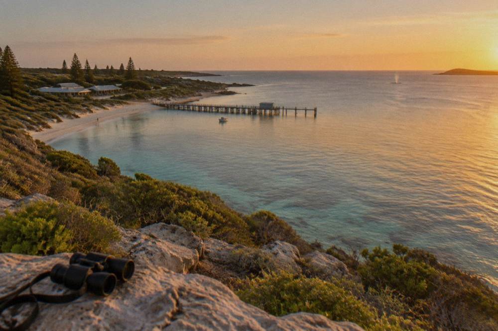 Golden late afternoon light over calm bay water with a wooden jetty in the distance