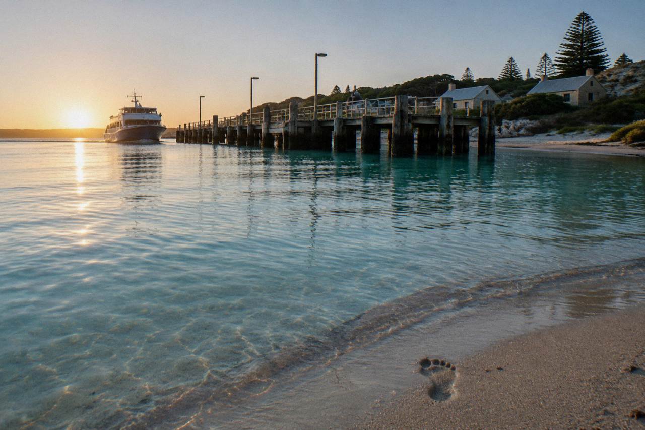 Ferry arriving at the jetty of a small island town beside calm turquoise bay water