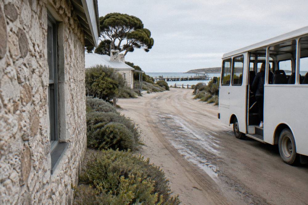 Hop-on hop-off bus parked near the Thomson Bay settlement
