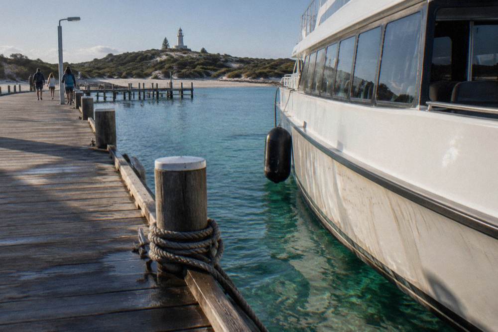 Ferry moored at a jetty above clear green water in late afternoon light