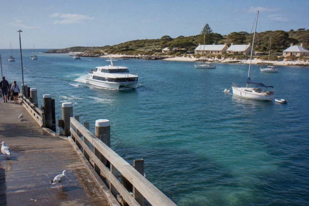 A passenger ferry approaching the jetty at Thomson Bay with moored boats and low coastal buildings