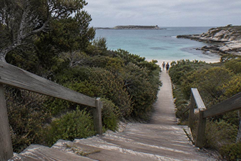 A shaded timber boardwalk path leading through low coastal vegetation on Rottnest Island