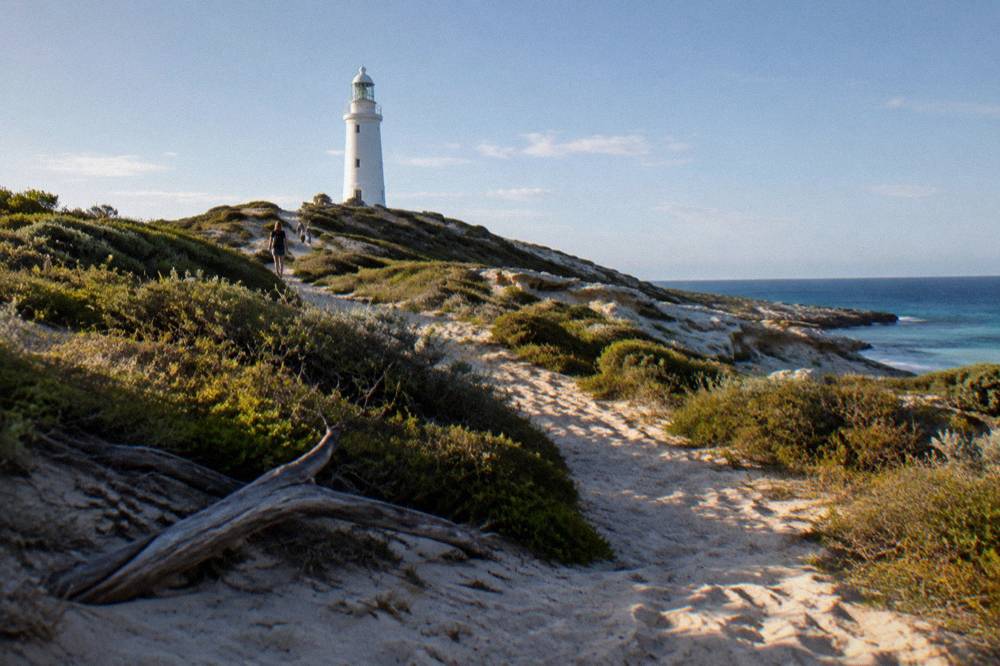 A quiet sandy path lined with low coastal heath leading toward a white lighthouse