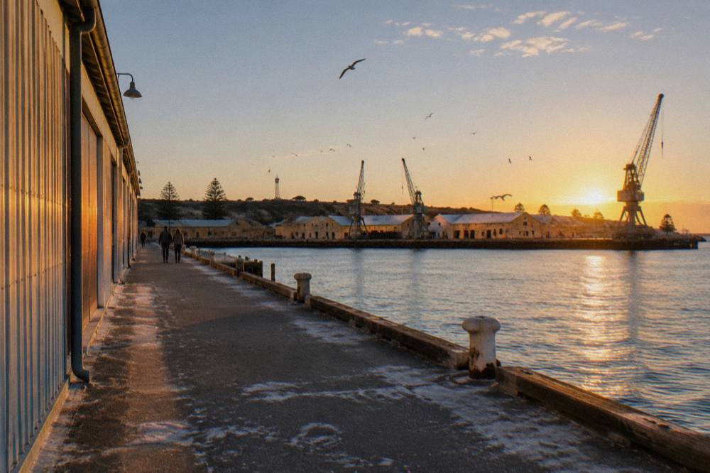 Ferry terminal building at Victoria Quay in Fremantle harbour on a clear morning