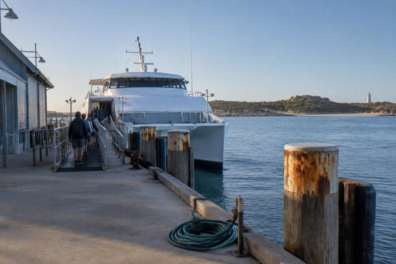 Ferry berthed at a Fremantle wharf with passengers boarding for Rottnest Island