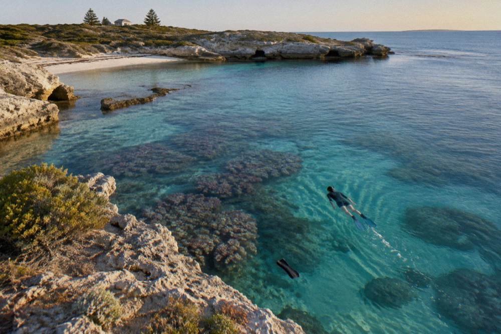 Snorkeller viewed from above over coral reef and pale sand in clear water