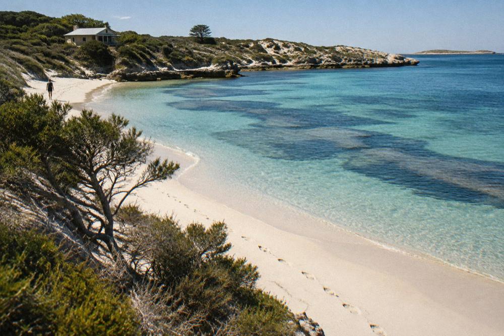 Sunlight over calm bay water with reef shadow and empty sand at Rottnest Island