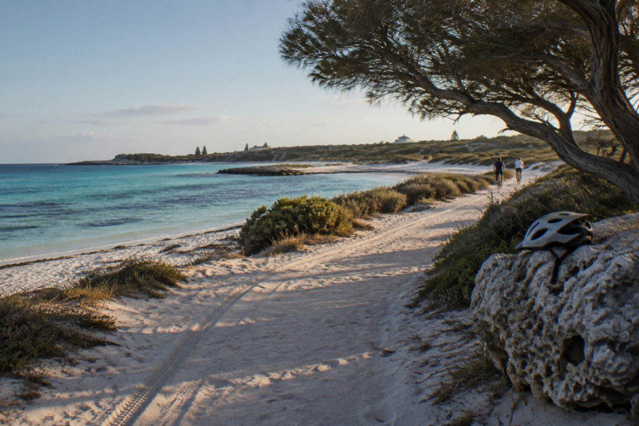Bicycles parked on a sandy path beside turquoise water at a Rottnest Island bay