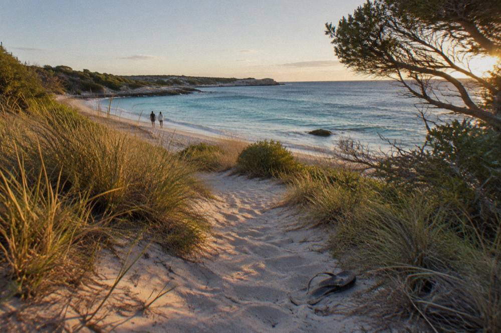 Bicycles parked on a sandy path beside low coastal scrub near a turquoise bay