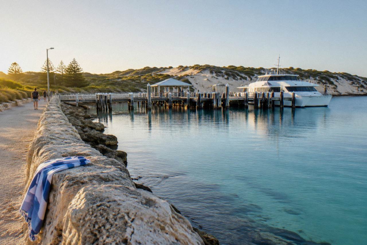 Ferry moored at a jetty on Rottnest Island with calm turquoise water and sand dunes behind