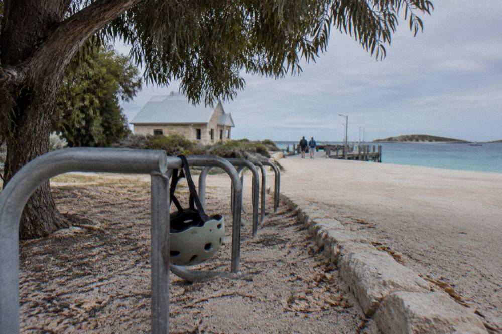 Bicycles parked in a row near the Thomson Bay settlement on Rottnest Island