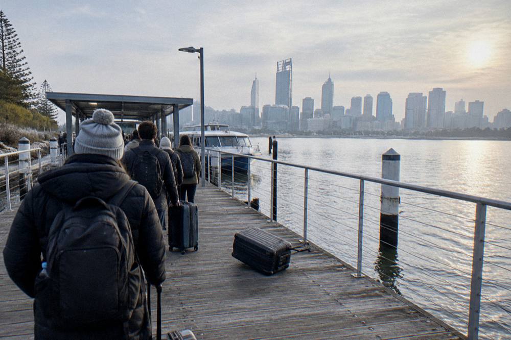 Queue of travellers with bags waiting at a ferry terminal gate in morning light