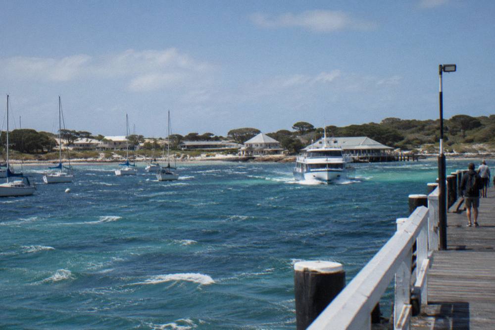 Passenger ferry approaching a jetty across open water with an island shoreline in the distance