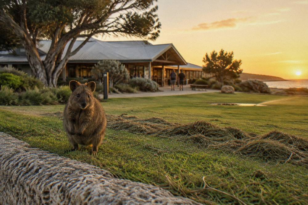 A quokka standing on a grassy verge near the Thomson Bay settlement buildings