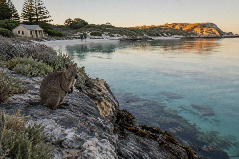 A quokka standing on a rocky ledge above a calm turquoise bay