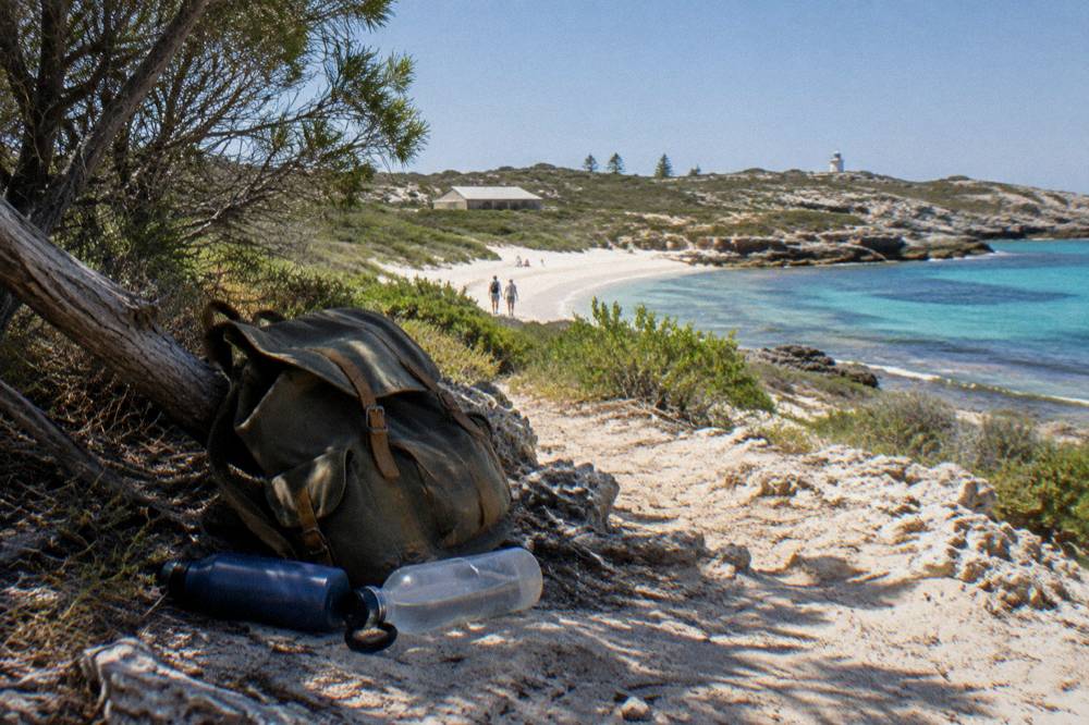 A backpack and water bottles resting on a bench beside a bicycle on a sandy path