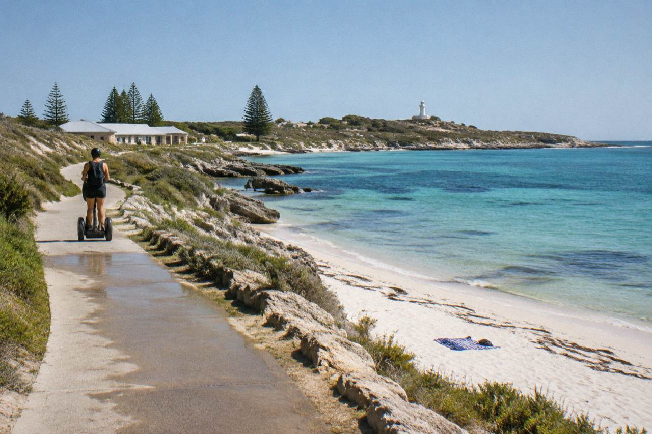 A quiet paved path beside white sand and turquoise water at Rottnest Island