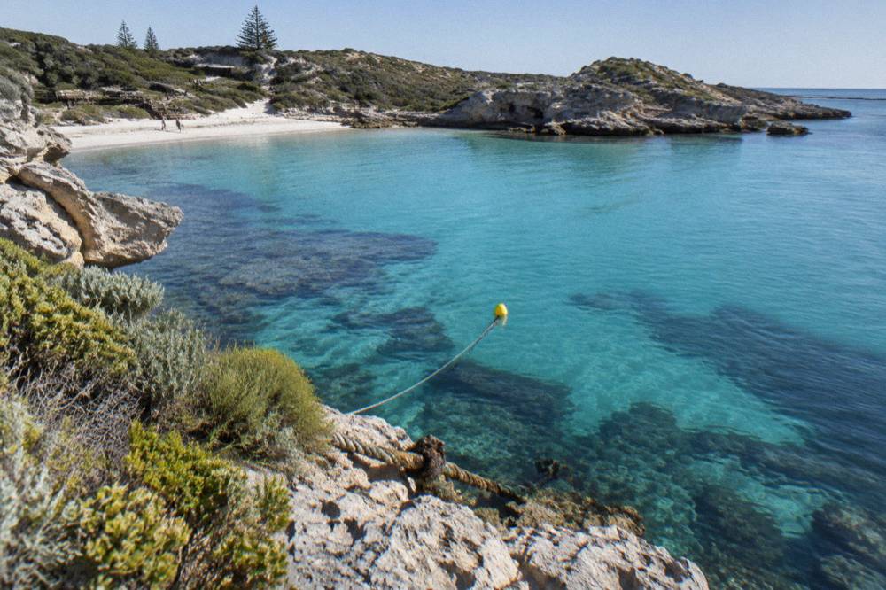 Calm turquoise bay with a marked snorkel trail buoy and reef visible through clear water