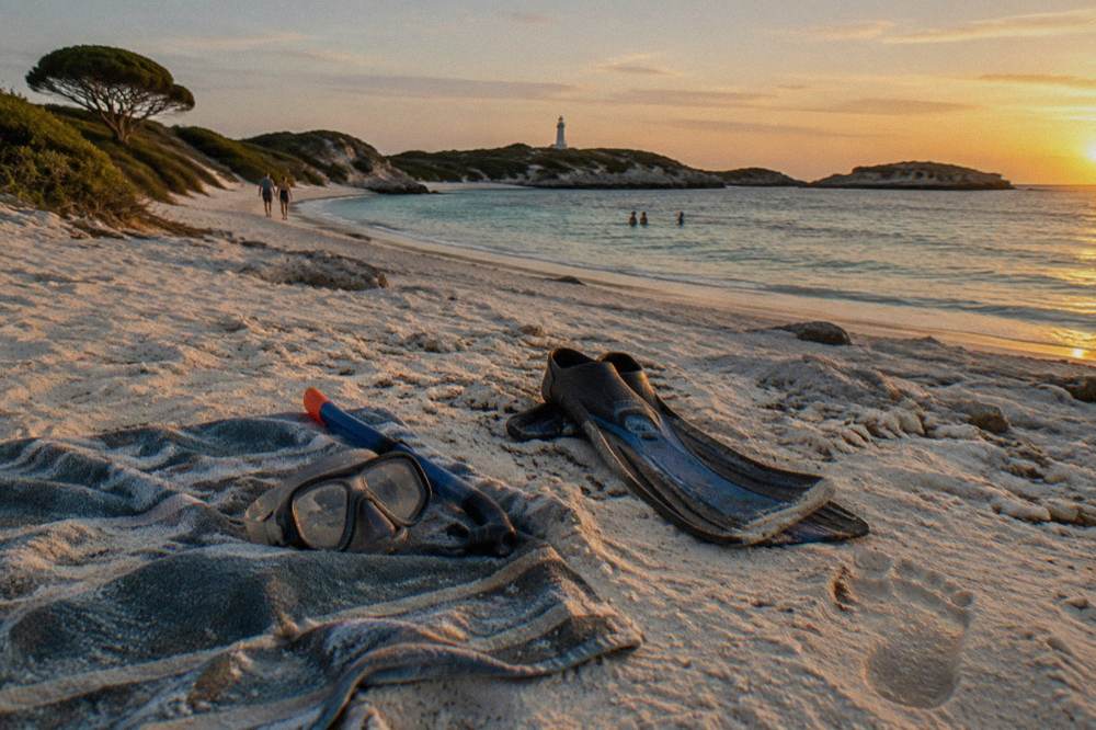 Snorkel mask and fins resting on a towel beside a bicycle at a beach