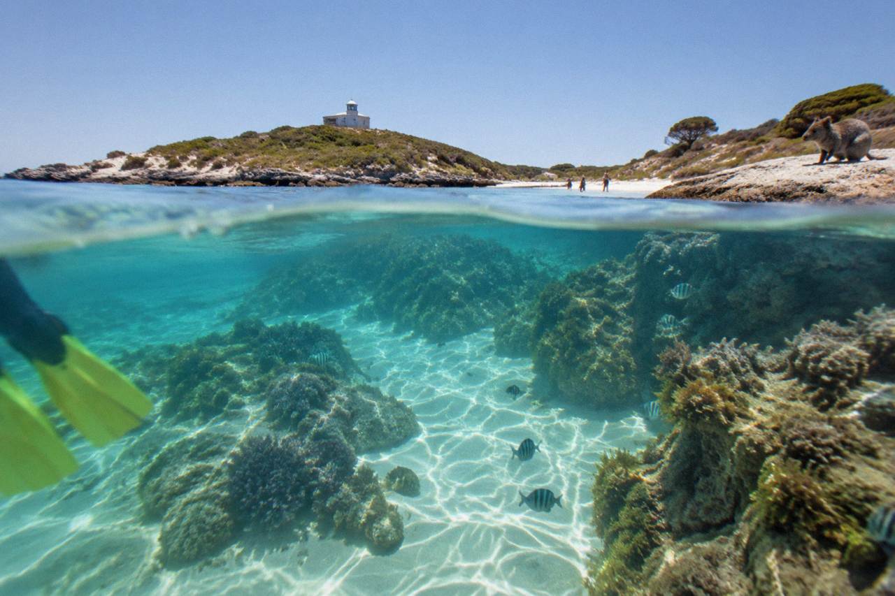 “Turquoise shallow water over a coral reef at a sheltered Rottnest Island bay”