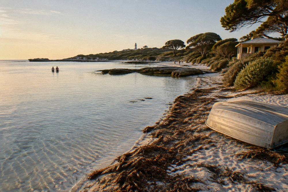 Calm sheltered bay with clear shallow water in late afternoon light