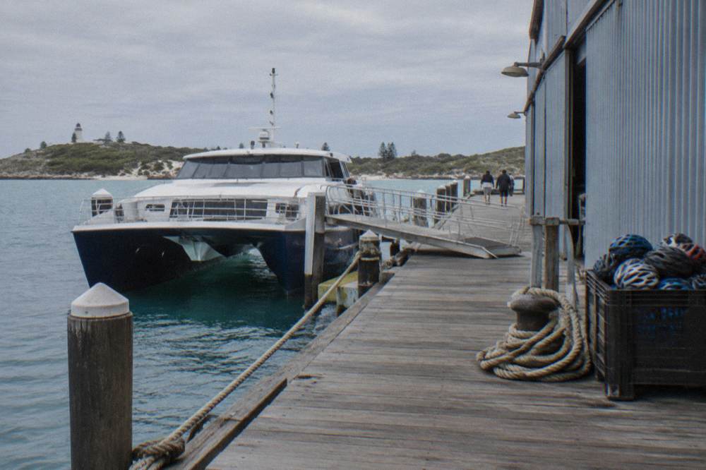 A catamaran ferry at a mooring with bicycles lined up on the jetty beside it