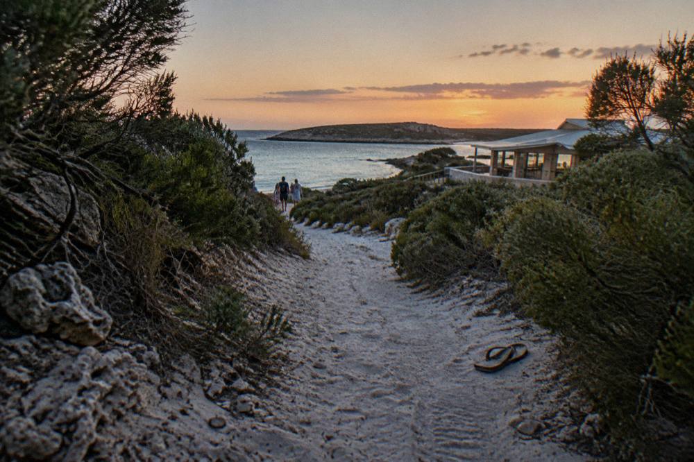 Bicycles parked beside a sandy path near Thomson Bay with low coastal scrub