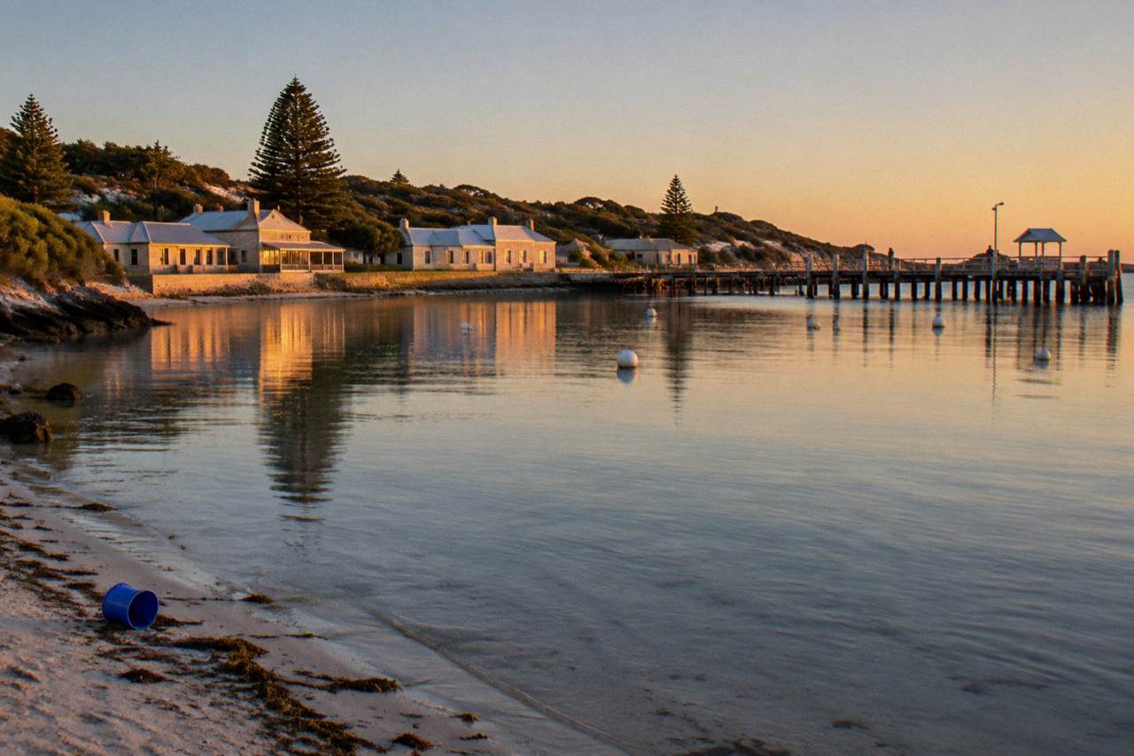 Thomson Bay settlement at Rottnest Island with calm water and heritage buildings